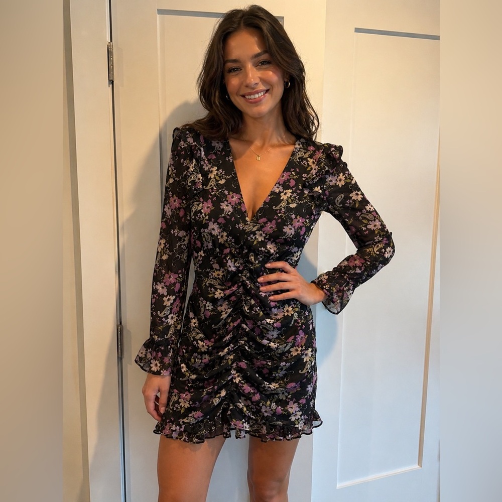 Astr Black Floral Ruched V-Neck Mini Dress with Purple Blossoms